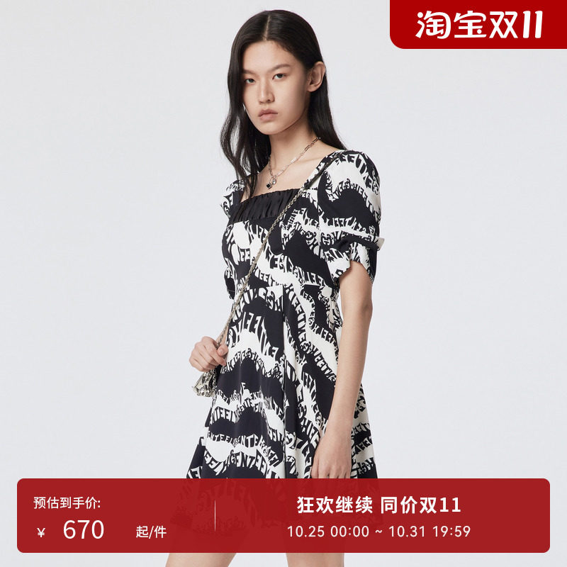 genteel荷高新夏印花方领泡泡袖司马克抽褶连衣裙gud23750608