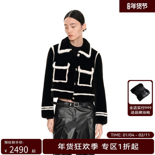 H·GENTEEL荷高新款冬装女短皮草夹克式短外套拼接撞色外套