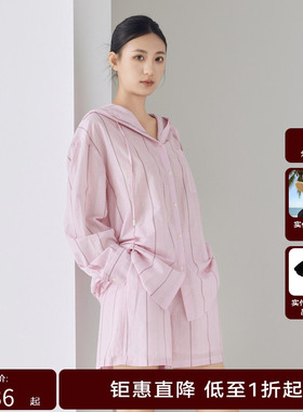 HPLY荷比俪女装新品条纹时尚连帽减龄休闲衬衫HVD31631000