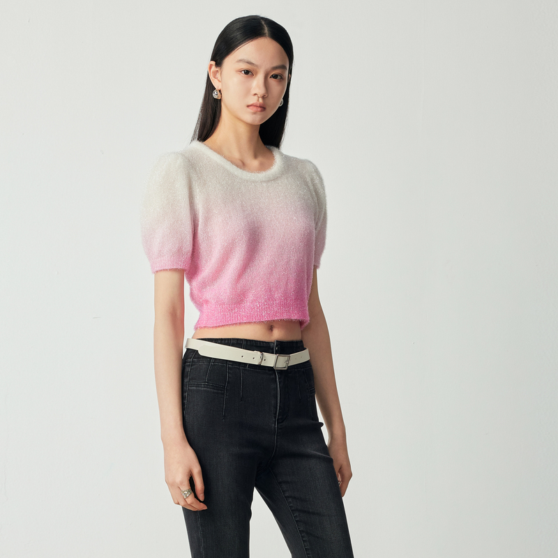 H·GENTEEL荷高新秋装女渐变截断泡泡袖短款针织衫GUD34650681