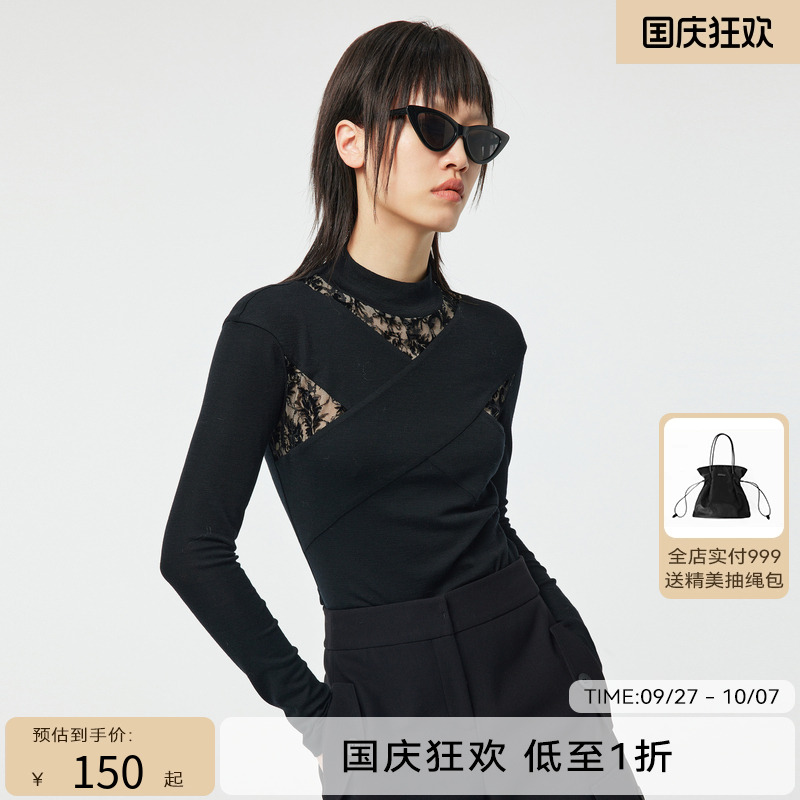 H·GENTEEL荷高 2022冬新品形象款蕾丝拼接半高领上衣GUC44610845