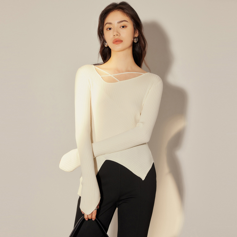 线上专享hply young秋季新款系带交叉不规则衣领小众气质针织衫