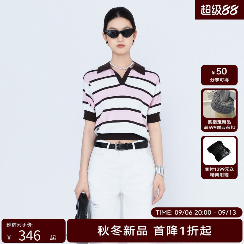 H·GENTEEL荷高24新款秋装女条纹撞色翻领短袖POLO衫GVE32659810图片