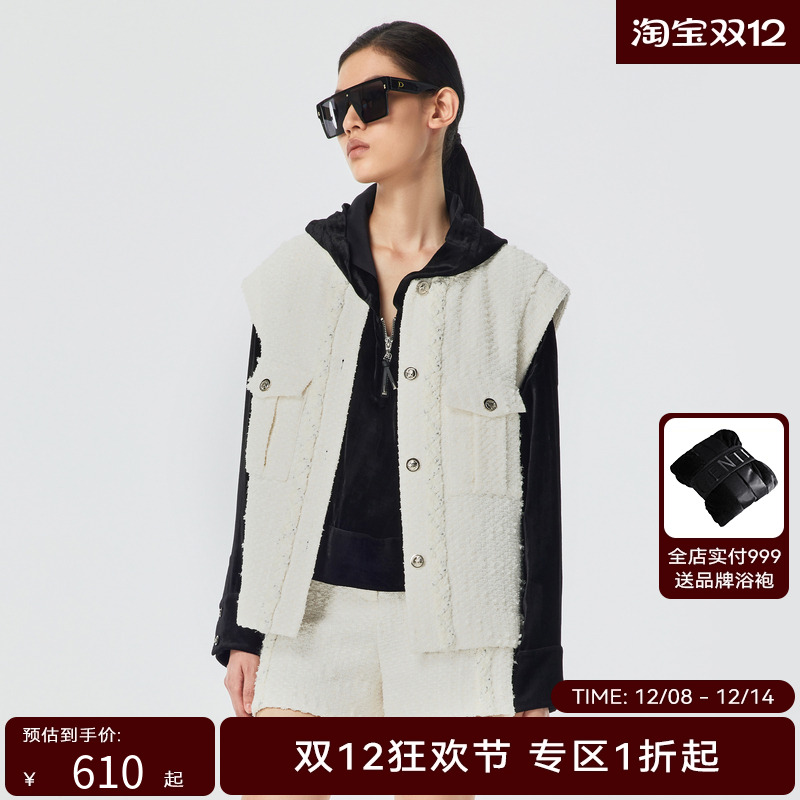 H·GENTEEL荷高春新工装口袋装饰花边粗花呢马甲GCD12660540