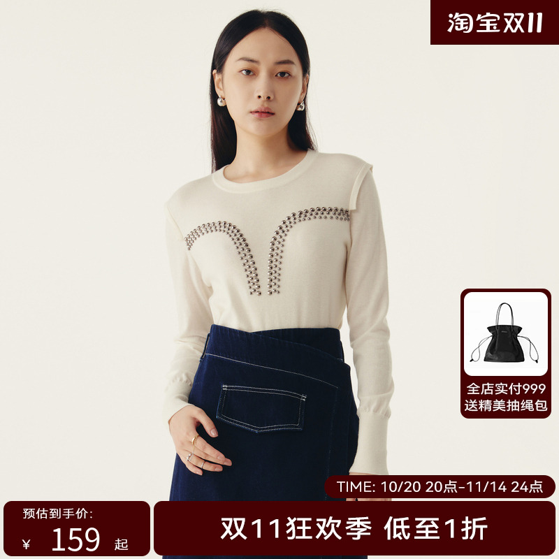 HPLY荷比俪秋新款女圆领双层织造珠串装饰针织衫HDC32650100