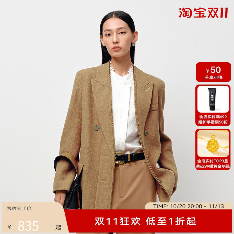 H·GENTEEL荷高25新款春装女微毛边领双排扣西装外套GUF11520500