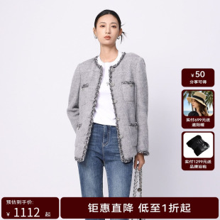 线上专享hply young荷比俪新款冬女拼接小香风编织长毛呢短款大衣