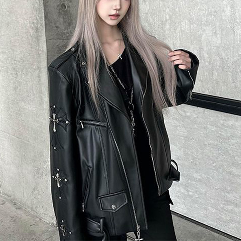 辣妹个性复古重工做旧长袖皮衣女