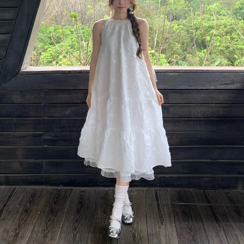 法式海边度假风无袖挂脖连衣裙女