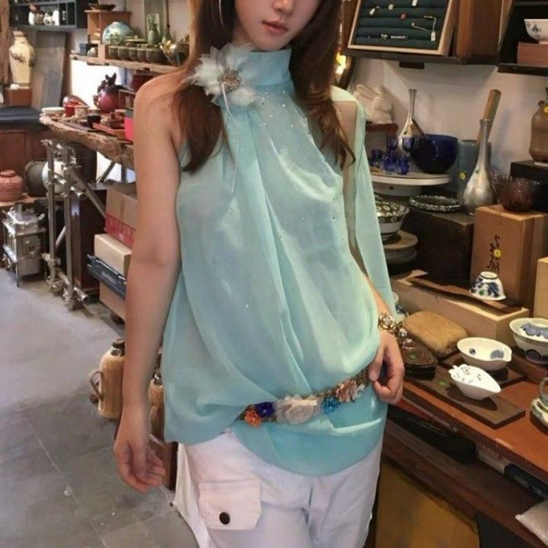 甜美千金重工花朵无袖挂脖背心女