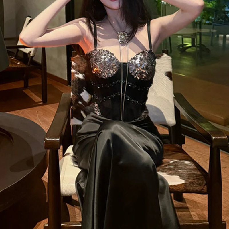 大码微胖mm性感辣妹套装女夏季亮片无袖抹胸背心显瘦半身裙两件套