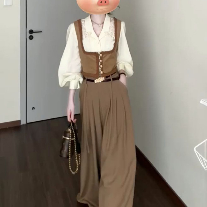 长袖衬衫外穿马甲背心阔腿裤套装
