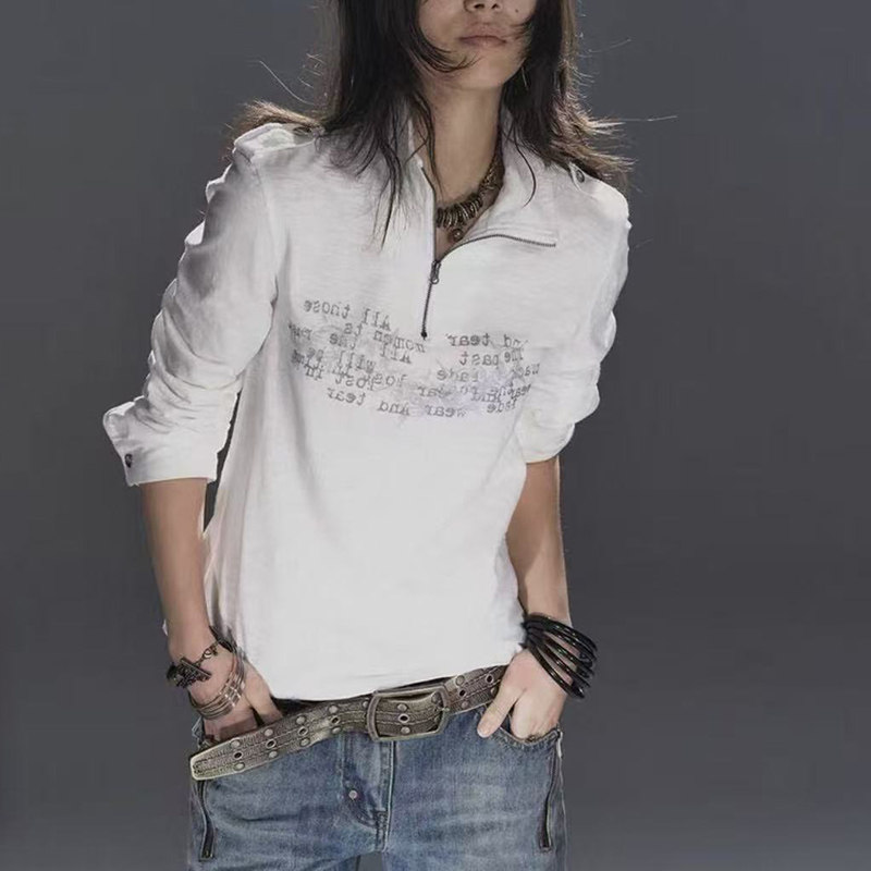 美式复古立领金属拉链长袖T恤女