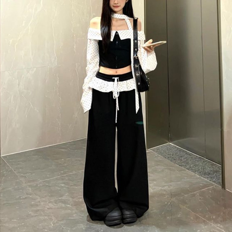 波点长袖衬衫上衣花边阔腿裤套装