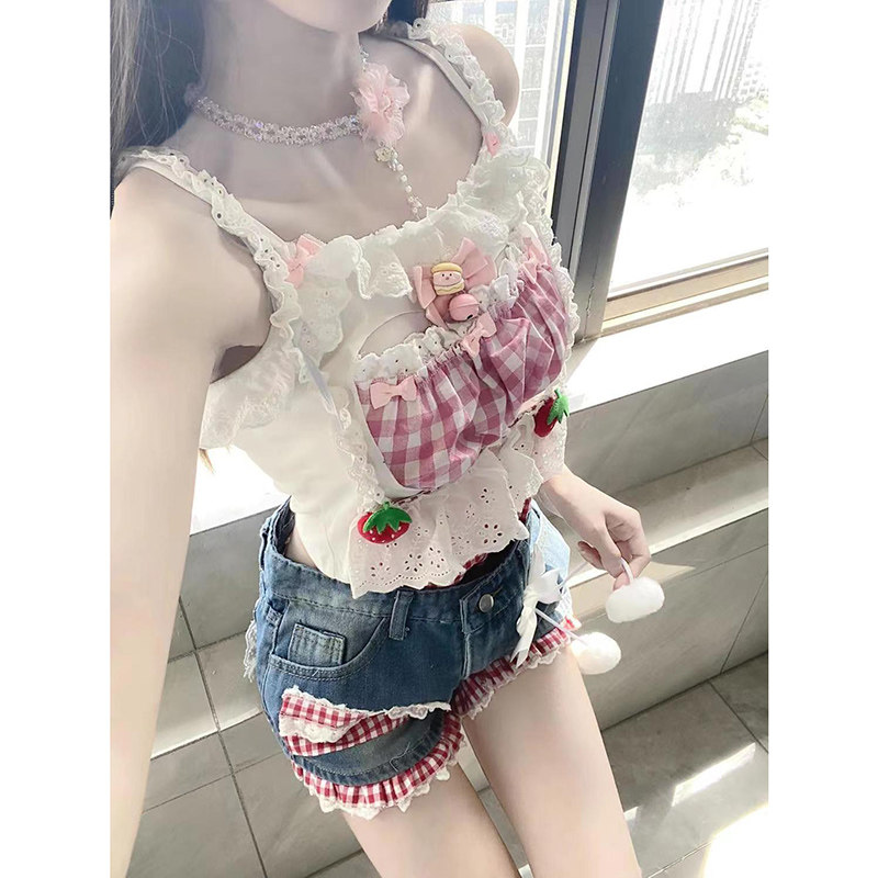 小众可爱设计感套装女夏季蕾丝拼接蝴蝶结吊带上衣牛仔短裤两件套