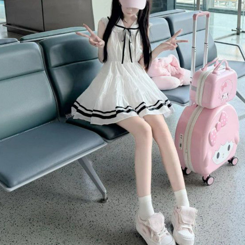蕾丝边娃娃领无袖撞色条纹连衣裙