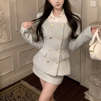 双排扣毛呢外套高腰半身裙两件套