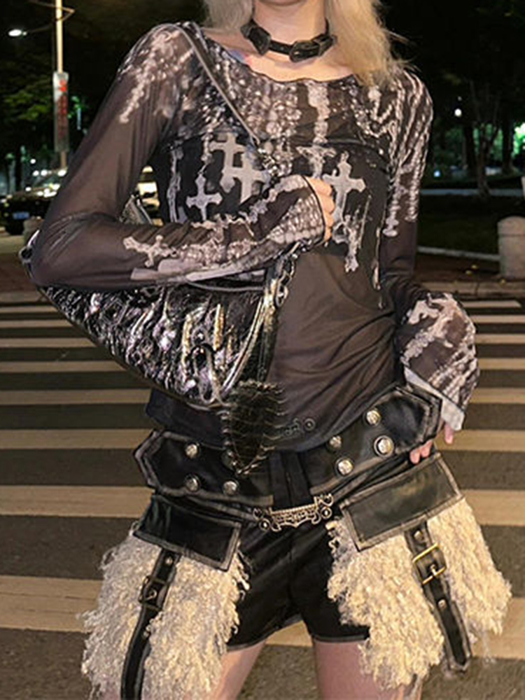 暗黑朋克辣妹一字肩印花网纱长袖T恤女夏季时尚小众打底衫上衣潮