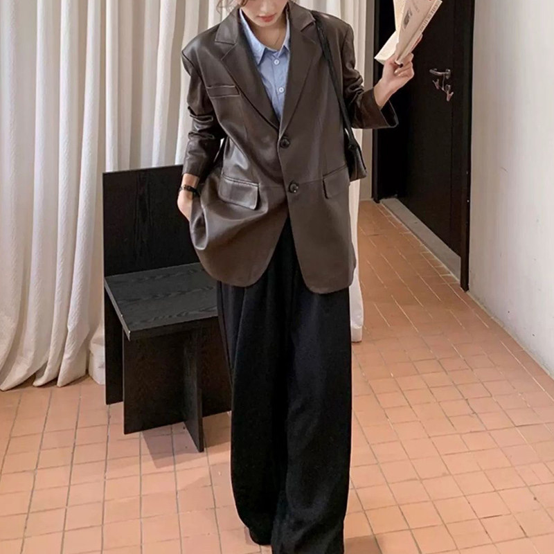 名媛休闲复古PU皮西装皮衣外套女