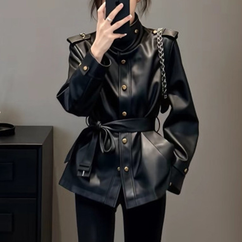 韩系立领正肩绑带长袖皮衣外套女