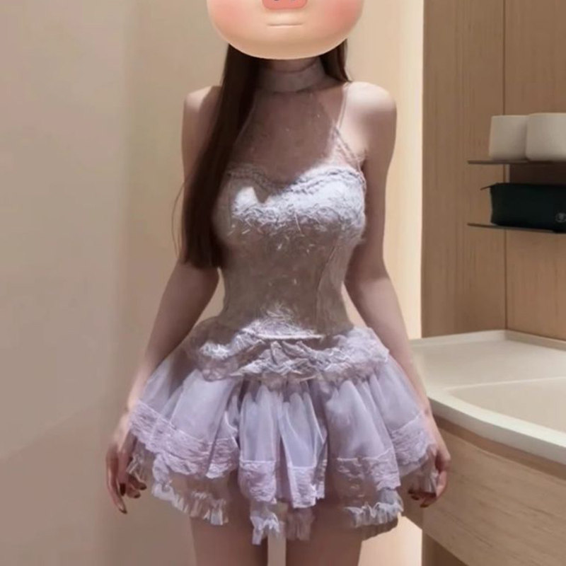 法式性感纯欲风套装女夏季重工蕾丝挂脖上衣蓬蓬半身短裙子两件套