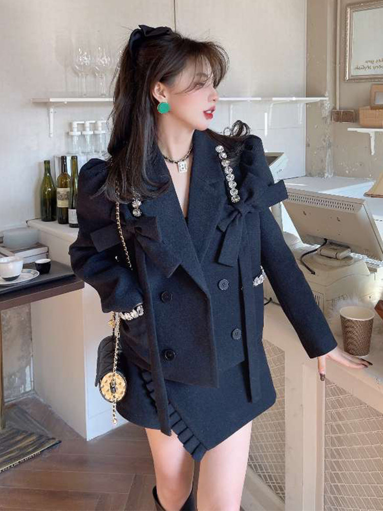 设计感小众气质不规则西装套装女春季毛呢外套高腰半身短裙两件套