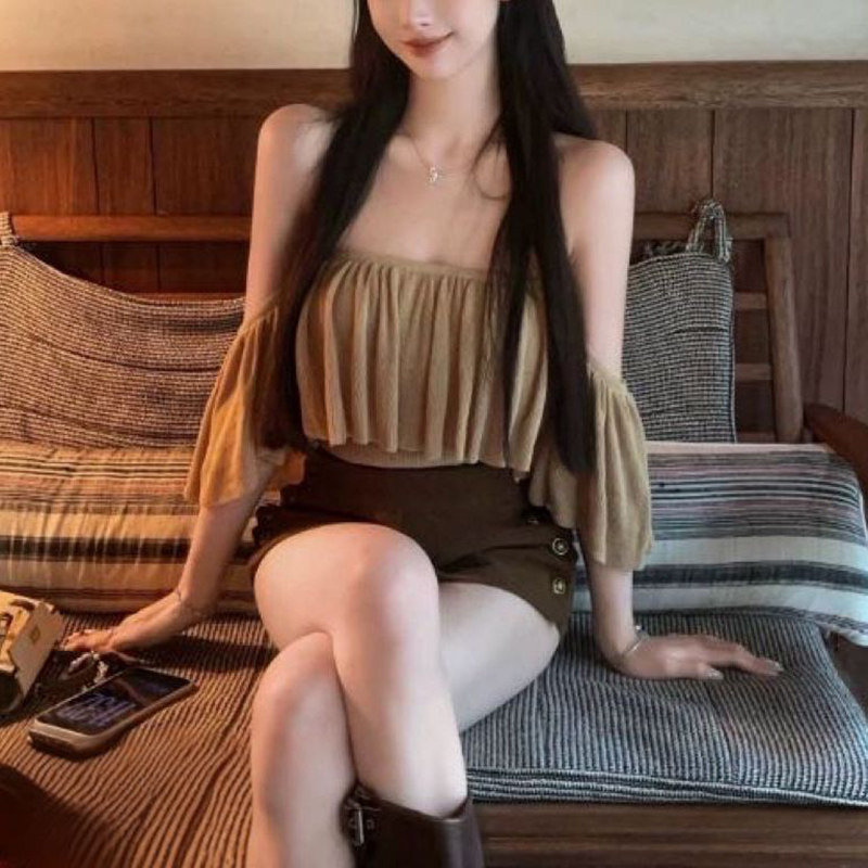 一字肩荷叶边针织短袖抹胸背心女
