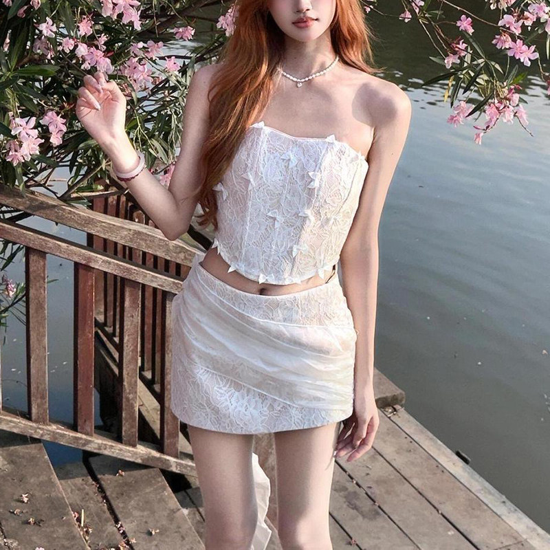 蕾丝抹胸上衣显瘦半拼接身裙套装
