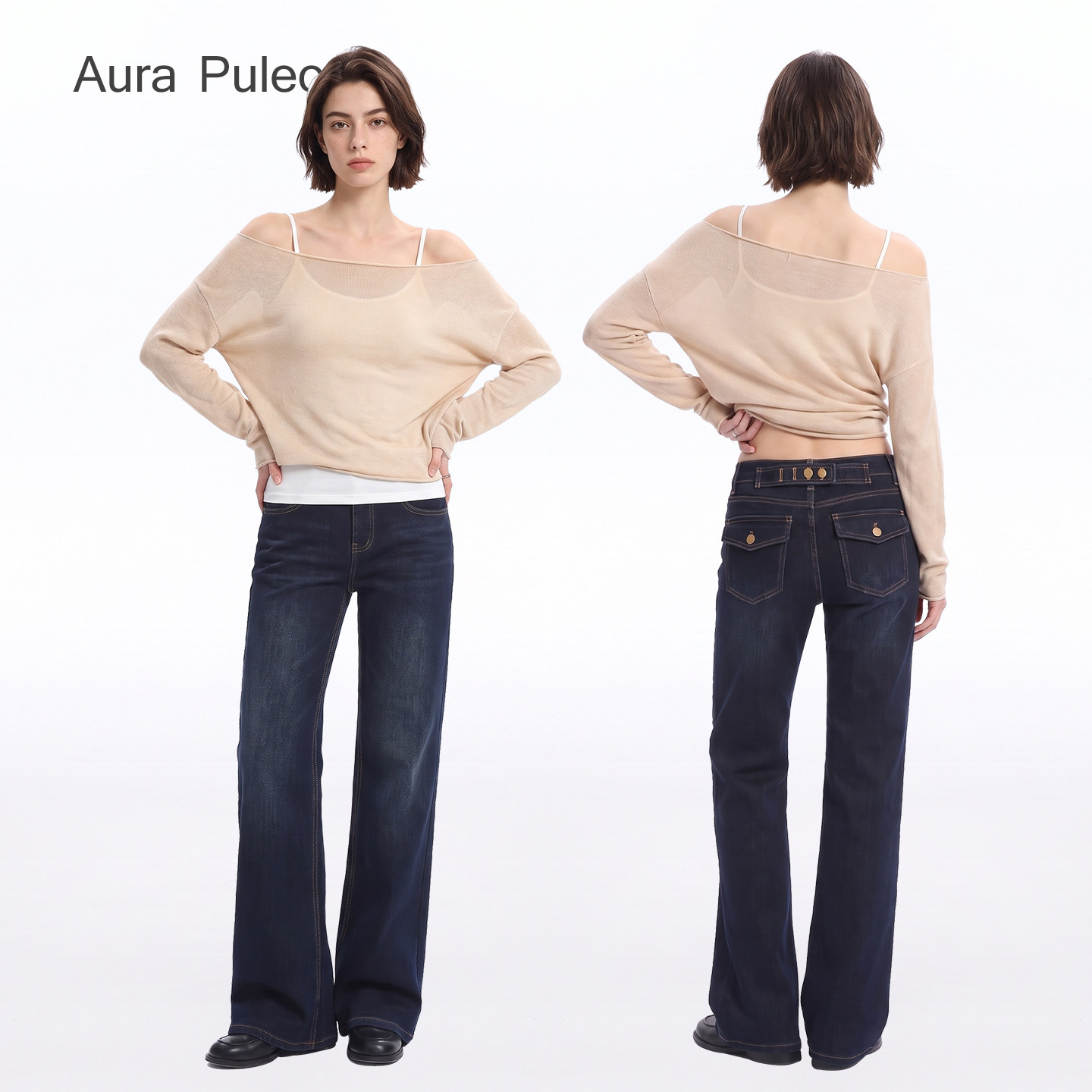 Aura Puleom 中低腰四面弹深蓝色窄版显瘦直筒牛仔裤女长裤
