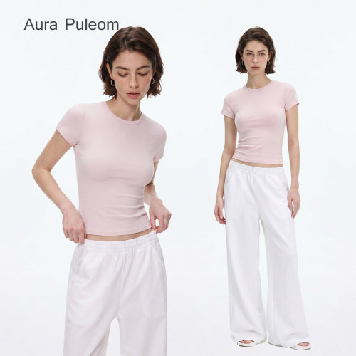Aura Puleom正肩短袖女夏季修身显瘦针织圆领T恤运动短款休闲上衣