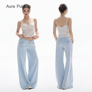 Aura Puleom浅蓝色薄款丝绒阔腿裤中低腰抽绳长裤女2026夏