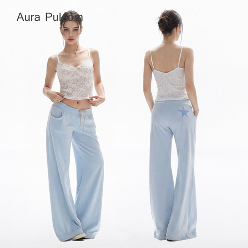 Aura Puleom浅蓝色薄款丝绒阔腿裤中低腰抽绳长裤女2026夏
