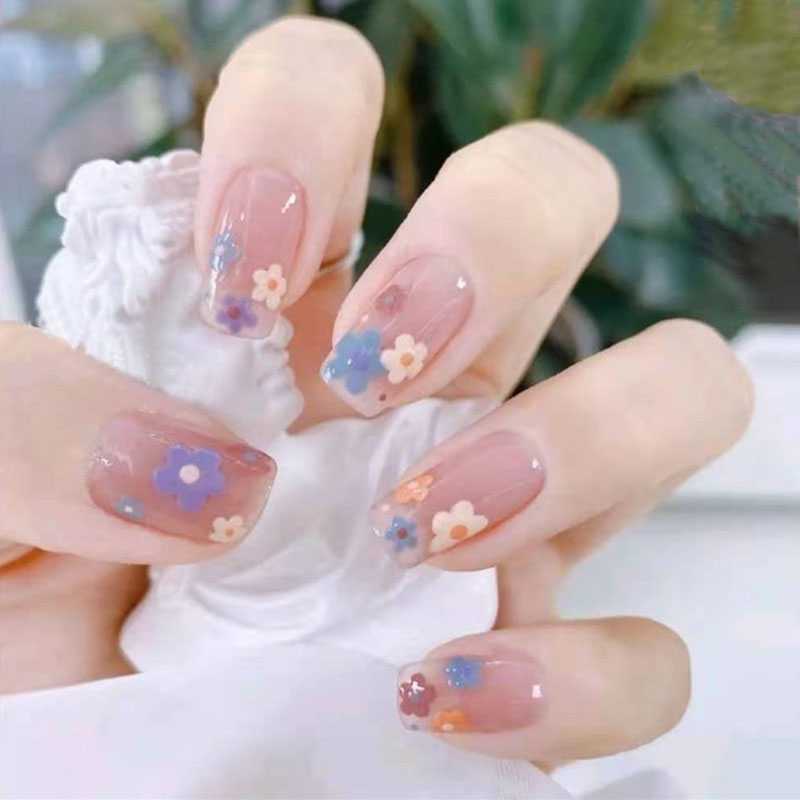 手工定制美甲成品夏指尖法式小花花假指甲贴片手绘清新穿戴甲冰透