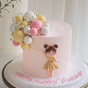 软胶黄裙子小女孩牵手气球蛋糕装饰摆件可爱小公主马卡龙球配件