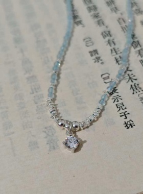 超细迷你2mm天然切面海蓝宝碎碎银项链 S925纯银镶嵌锆石小吊坠
