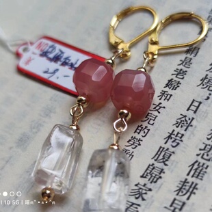 天然盐源玛瑙小方糖白水晶多棱面管珠耳环耳坠 14K包金 两款入