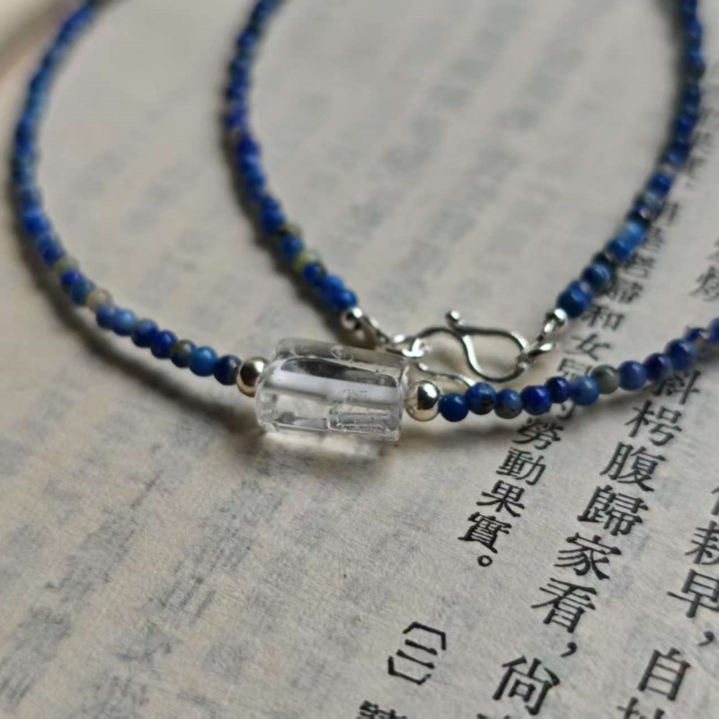 超细2mm天然原矿青金石小米白水晶管珠珠项链锁骨链S925纯银扣