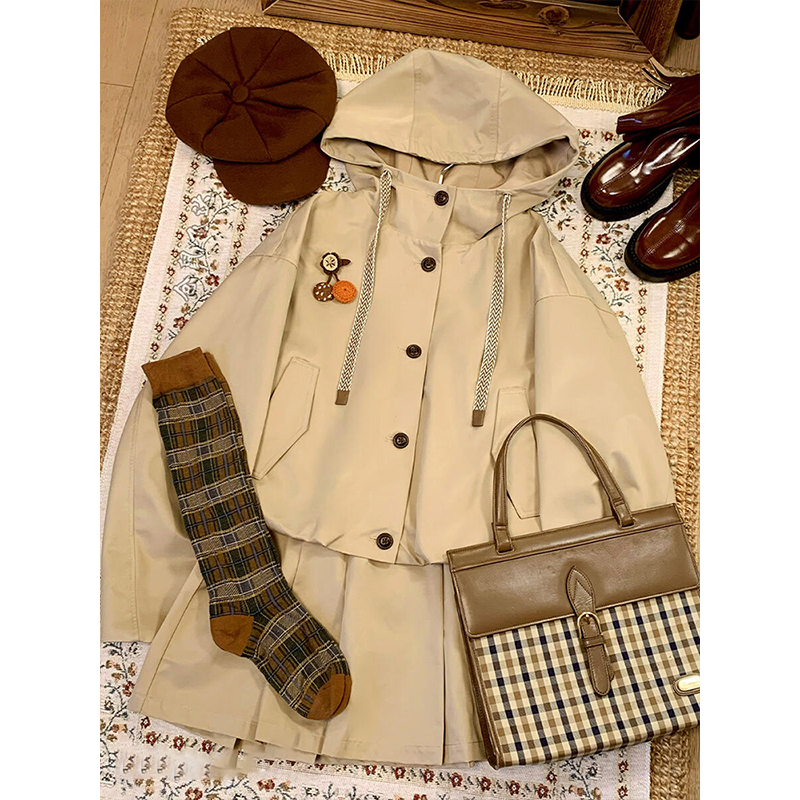 小个子短款连帽风衣半身裙两件套