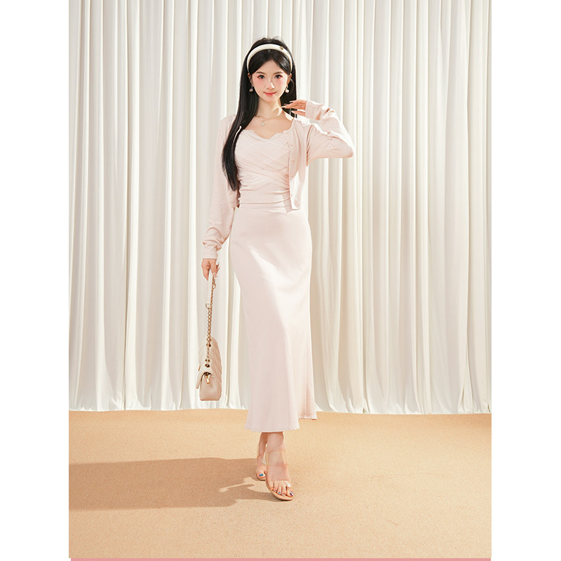 粉果气泡 温柔小韩粉色网纱拼接吊带开衫系带半裙气质三件套ins,女装/女士精品,时尚套装,淘宝优惠券,粉丝福利购,淘宝优惠卷