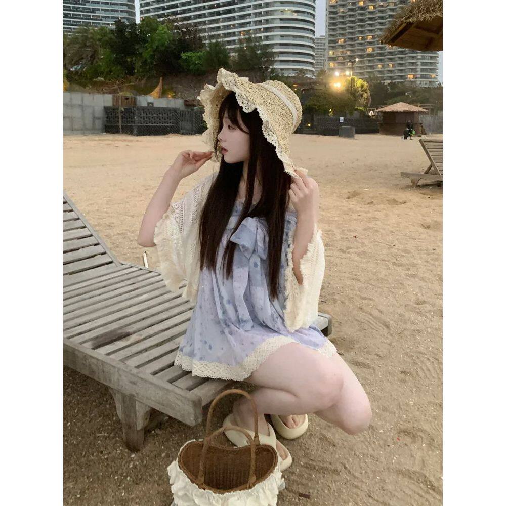 鸢尾来信 夏装新款甜美风古着紫色碎花蕾丝度假吊带裙披肩小套装