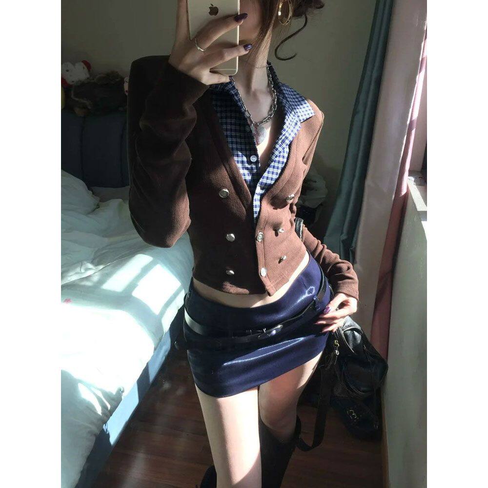 办公室海妖高智感假两件设计感气质衬衫拼接针织上衣半裙春季新款