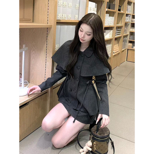 miu系千金风毛呢套装女秋冬新款气质灰色修身斗篷外套+半裙两件套