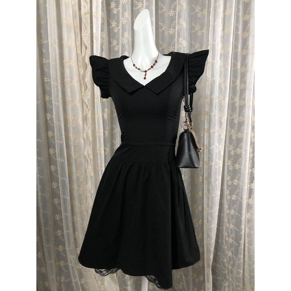 黑天鹅 夏日绝美小黑裙娃娃领衬衫连衣裙vintage古着穿搭A字短裙