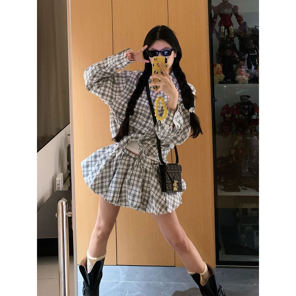 棋盘格 学院时尚格子长袖衬衫花苞秋季韩系半身裙两件套套装