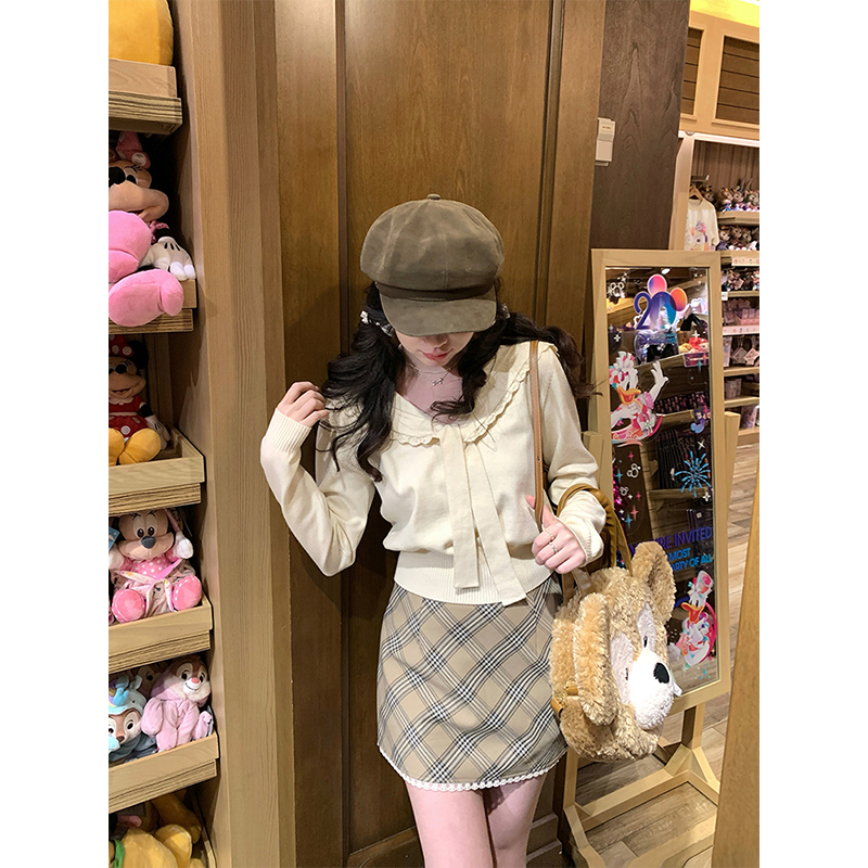 绑带针织上衣格纹半裙两件套