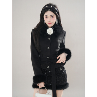 千金风毛呢拼接毛领外套+半裙套装冬季新款高级感加厚两件套女