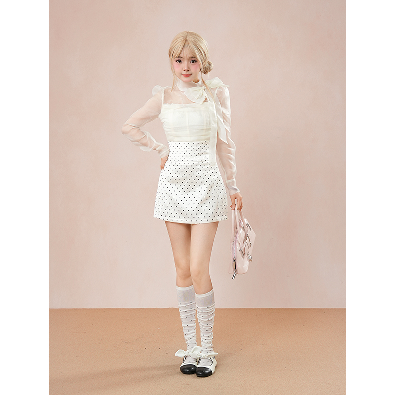 【假日白茶】miu系小千金风蝴蝶结上衣+波点包臀裙套装女秋季新款