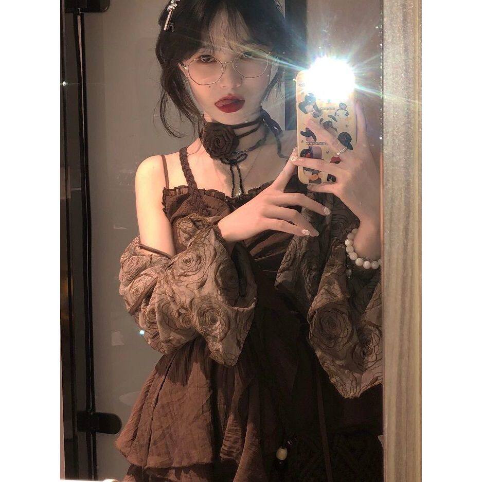 “破碎玫瑰”复古颈带设计感收腰吊带裙+开衫两件套短款套装裙