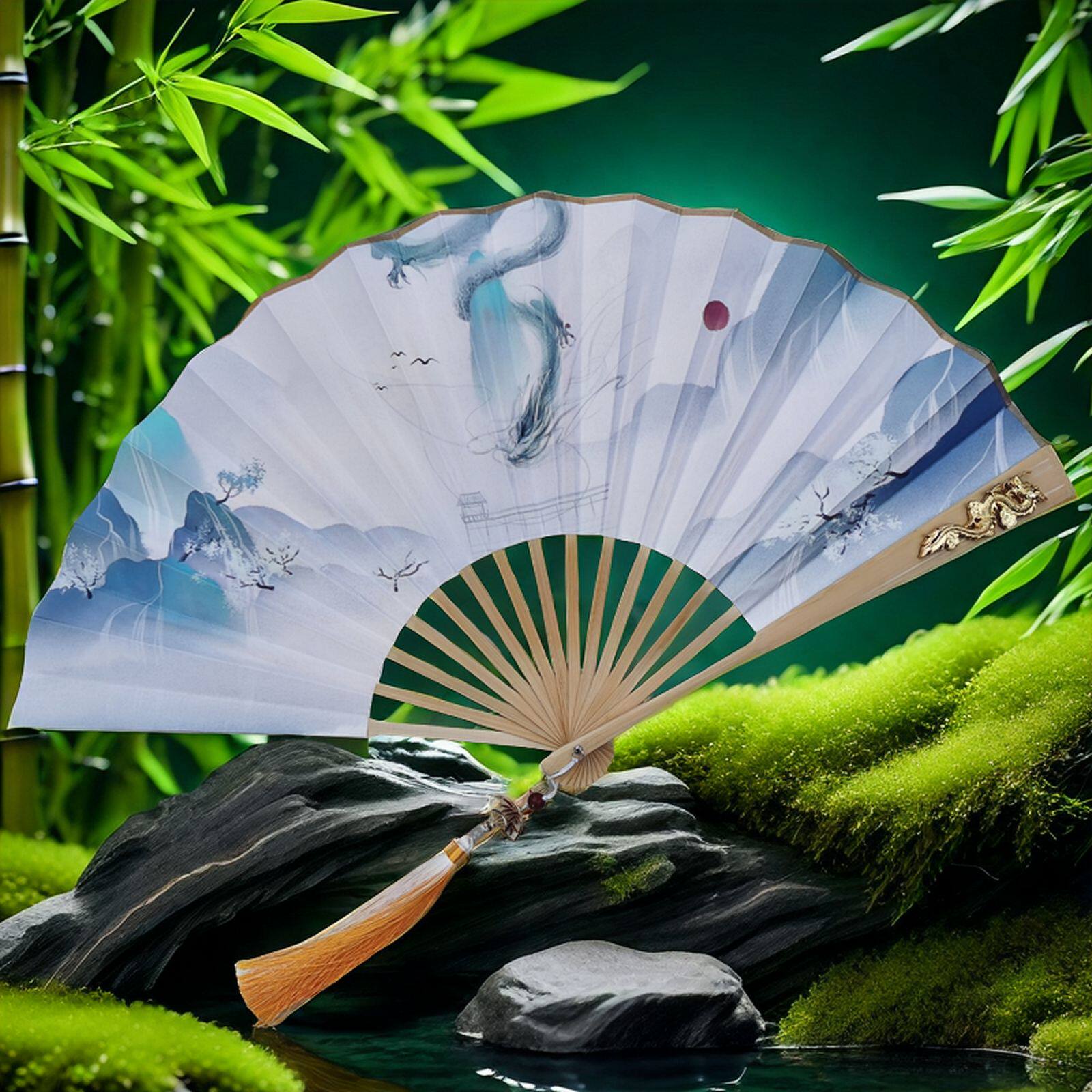 10寸男士龙纹流苏折扇男款夏天古风绢布面扇子夏季随身纳凉汉服扇