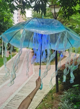 梦幻蓝色透明发光水母雨伞晴雨两用古风道具伞人鱼公主儿童舞蹈伞